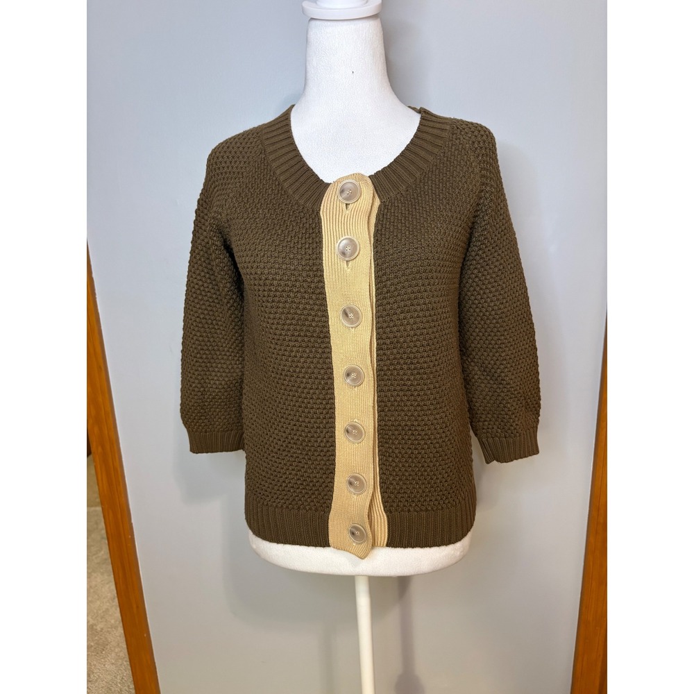 Ports 1961 Brown Waffle Knit Cotton Cardigan 3/4 Sleeve Contrast Trim XS RARE
